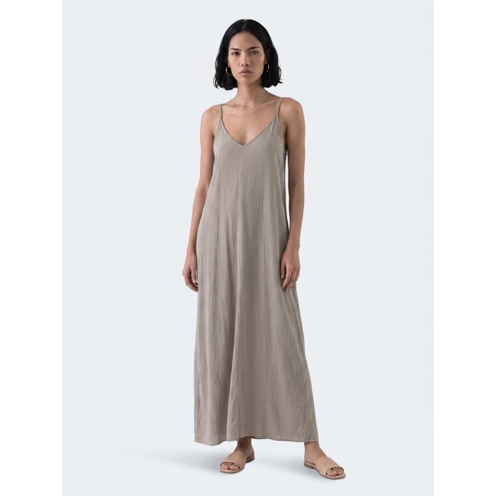 Lovestitch Gauze Maxi Dress Taupe Mushroom V-Neck Adjustable Straps SZ M/L